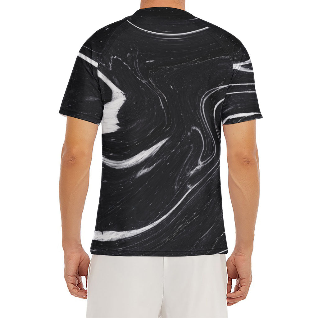 Black White Liquid Marble Print Men's Short Sleeve Rash Guard