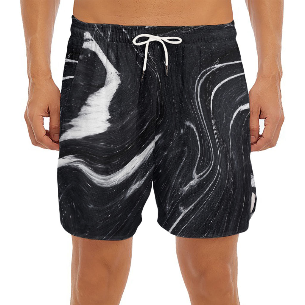 Black White Liquid Marble Print Men's Split Running Shorts