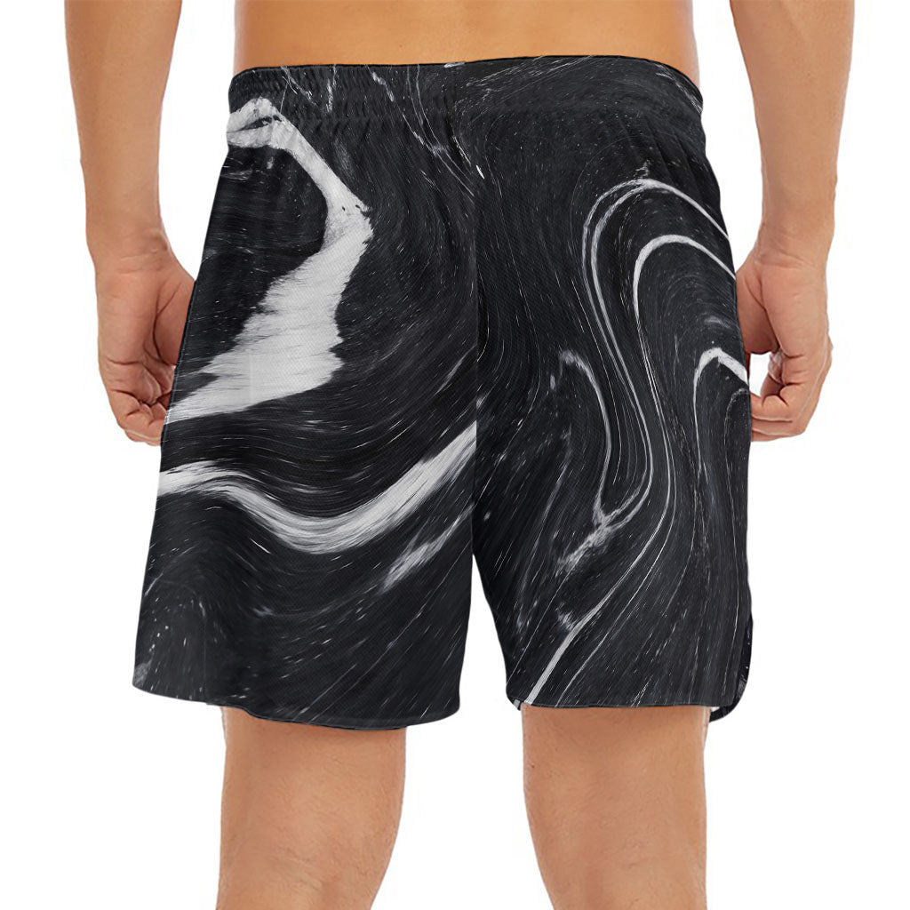 Black White Liquid Marble Print Men's Split Running Shorts