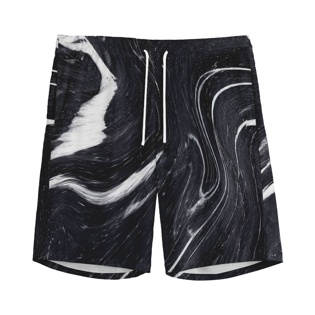 Black White Liquid Marble Print Men's Sports Shorts