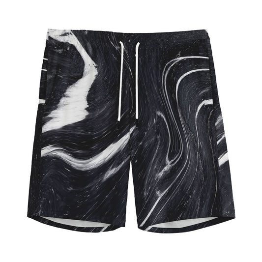 Black White Liquid Marble Print Men's Sports Shorts