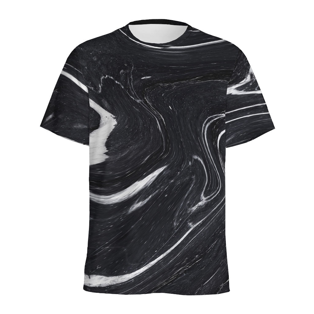Black White Liquid Marble Print Men's Sports T-Shirt