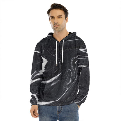 Black White Liquid Marble Print Men's Velvet Pullover Hoodie