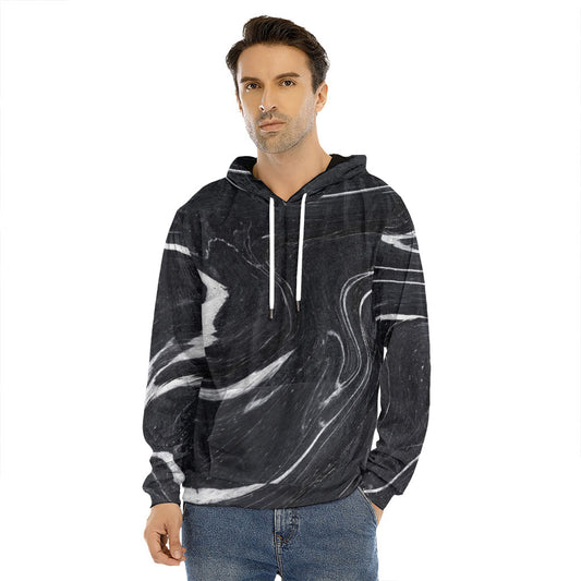 Black White Liquid Marble Print Men's Velvet Pullover Hoodie
