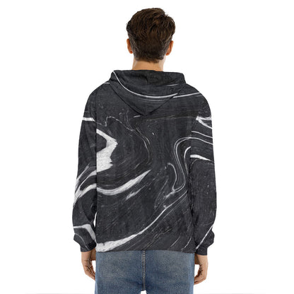 Black White Liquid Marble Print Men's Velvet Pullover Hoodie
