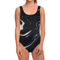 Black White Liquid Marble Print One Piece Swimsuit