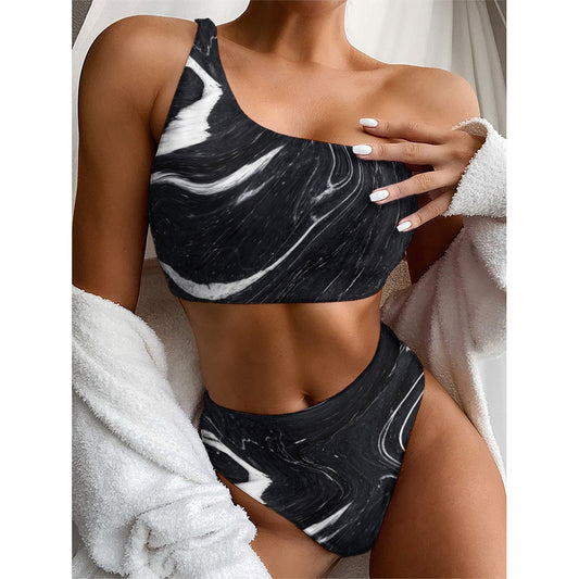 Black White Liquid Marble Print One Shoulder Bikini Top