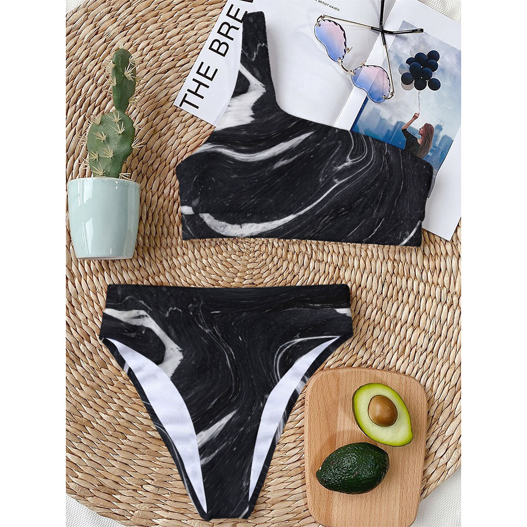 Black White Liquid Marble Print One Shoulder Bikini Top