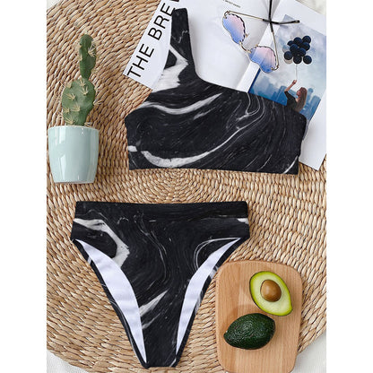 Black White Liquid Marble Print One Shoulder Bikini Top