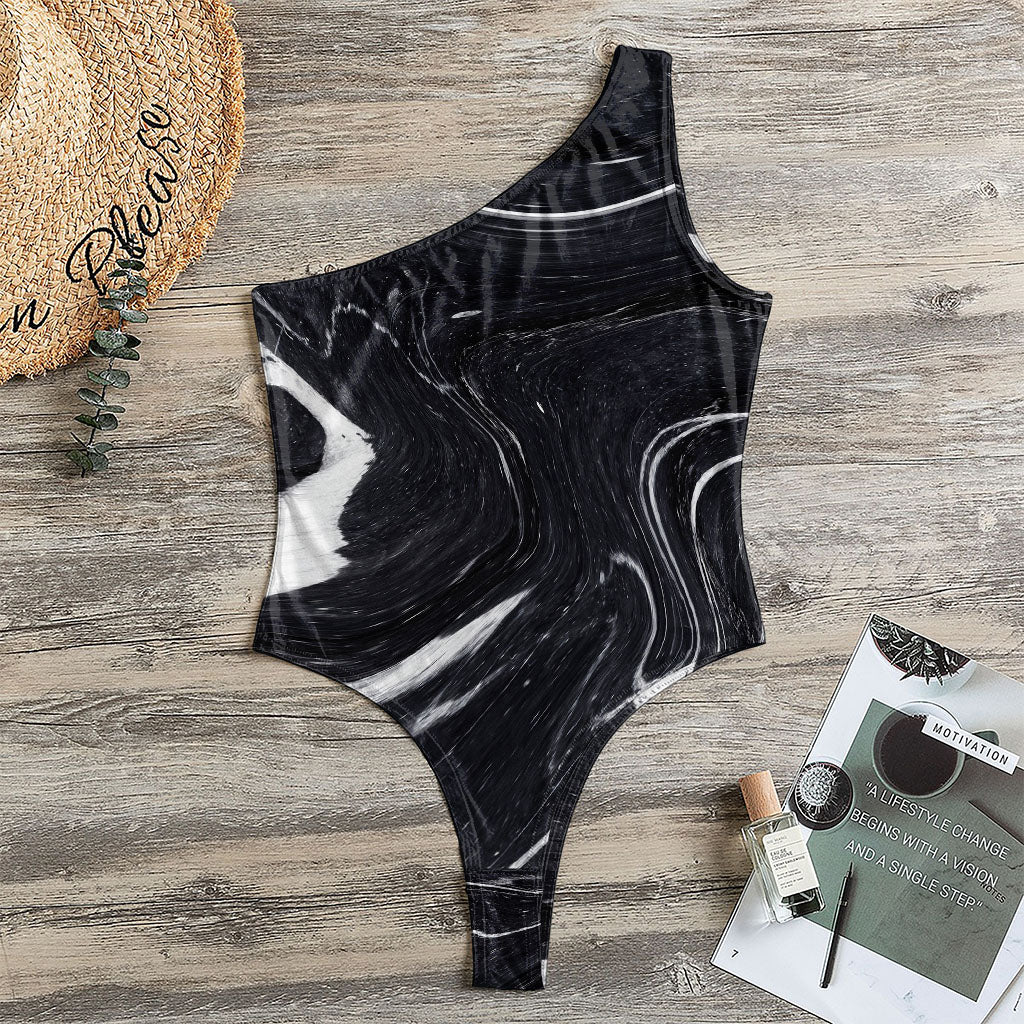 Black White Liquid Marble Print One Shoulder Bodysuit