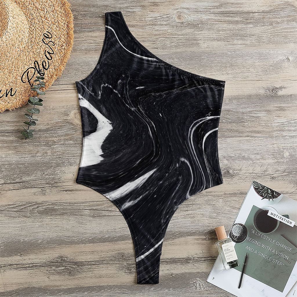 Black White Liquid Marble Print One Shoulder Bodysuit