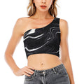 Black White Liquid Marble Print One Shoulder Crop Top