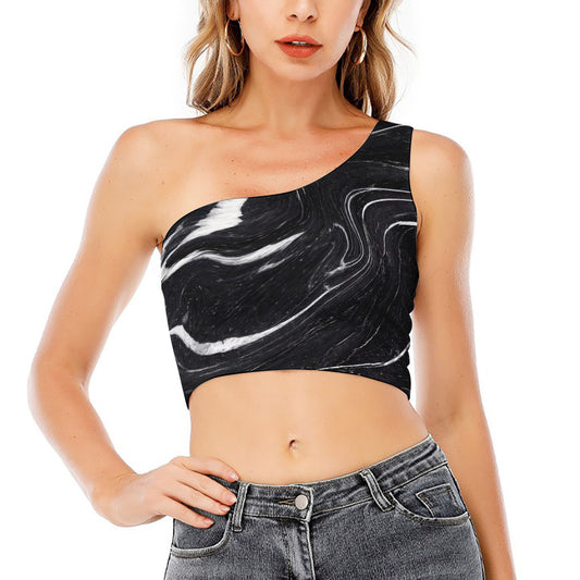 Black White Liquid Marble Print One Shoulder Crop Top
