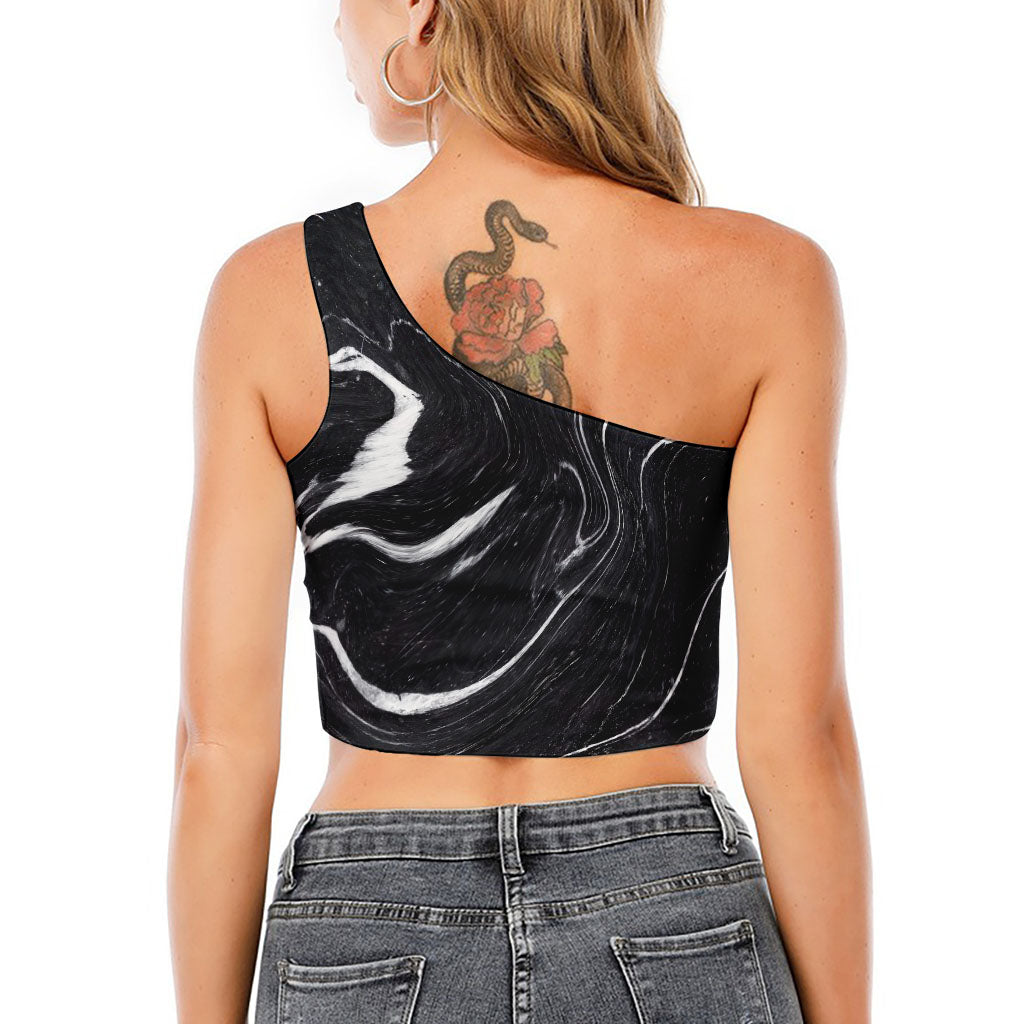 Black White Liquid Marble Print One Shoulder Crop Top