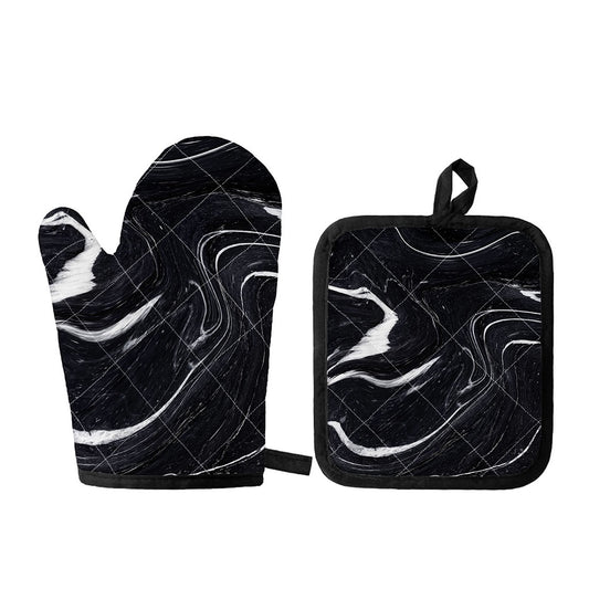 Black White Liquid Marble Print Oven Mitt And Pot Holder Set