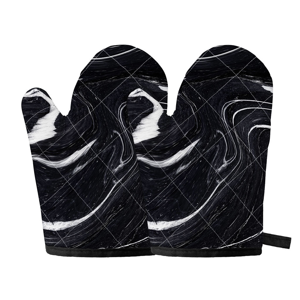 Black White Liquid Marble Print Oven Mitts