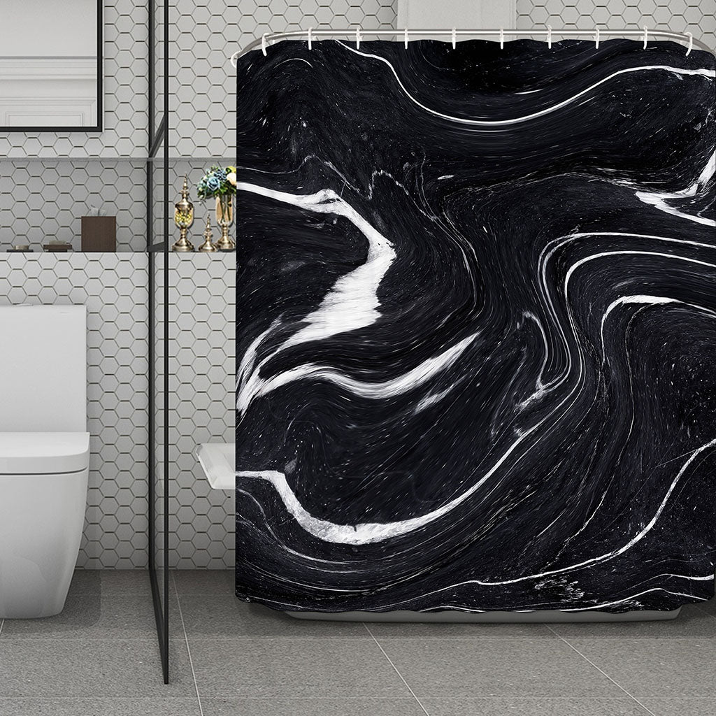 Black White Liquid Marble Print Polyester Shower Curtain