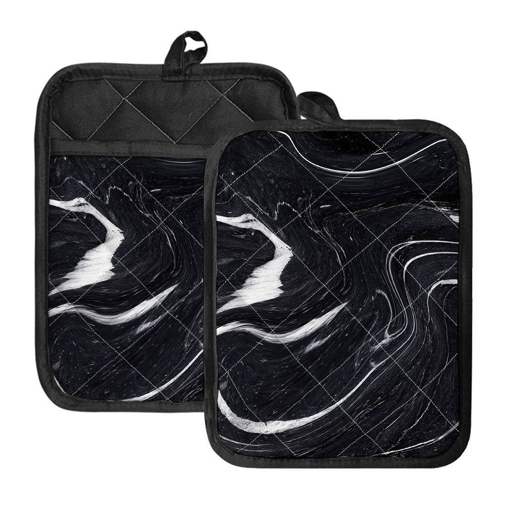 Black White Liquid Marble Print Pot Holders With Pocket