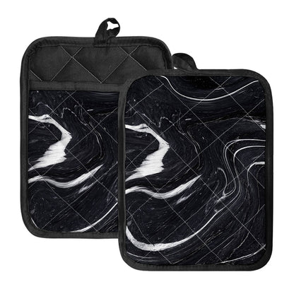 Black White Liquid Marble Print Pot Holders With Pocket
