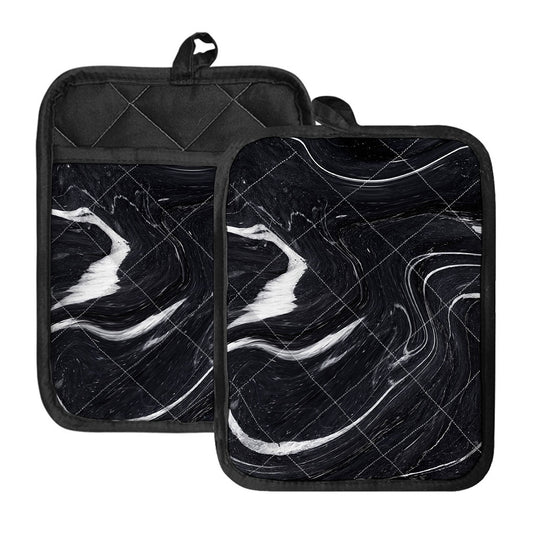 Black White Liquid Marble Print Pot Holders With Pocket