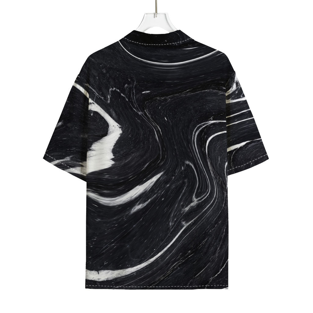 Black White Liquid Marble Print Rayon Hawaiian Shirt