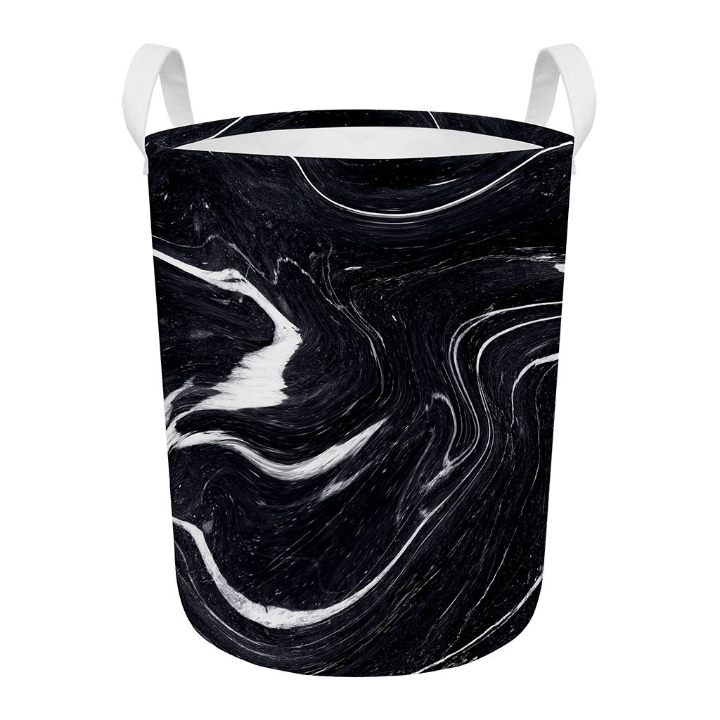Black White Liquid Marble Print Round Laundry Basket