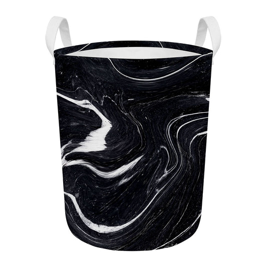 Black White Liquid Marble Print Round Laundry Basket