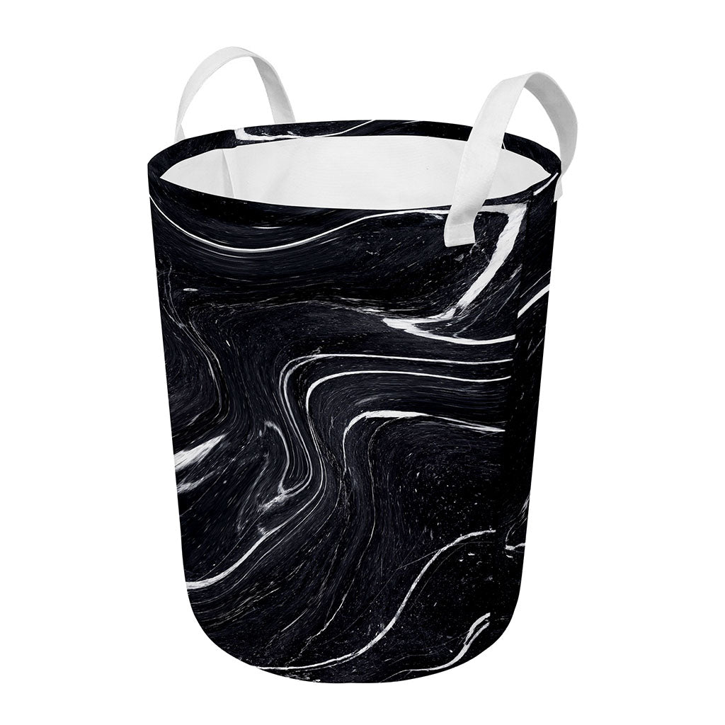 Black White Liquid Marble Print Round Laundry Basket