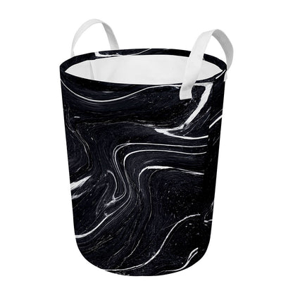 Black White Liquid Marble Print Round Laundry Basket