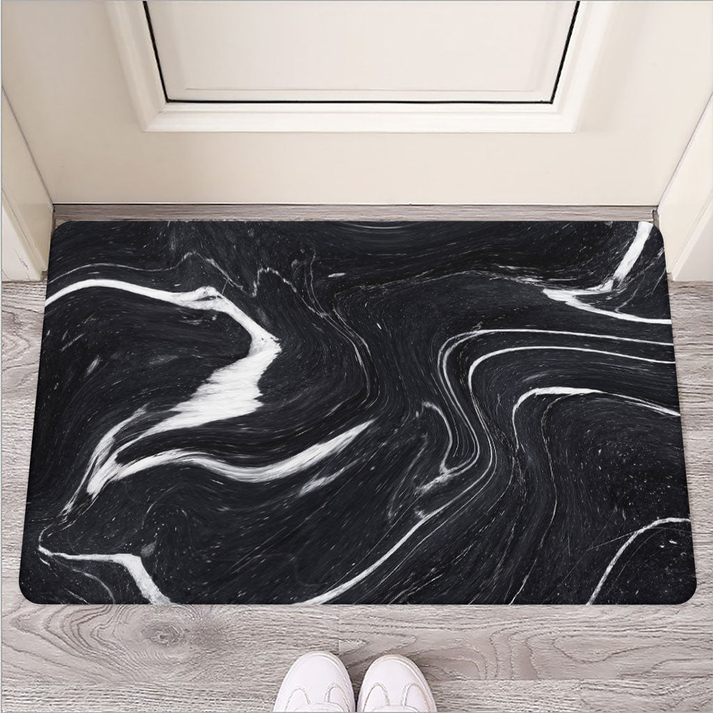 Black White Liquid Marble Print Rubber Doormat