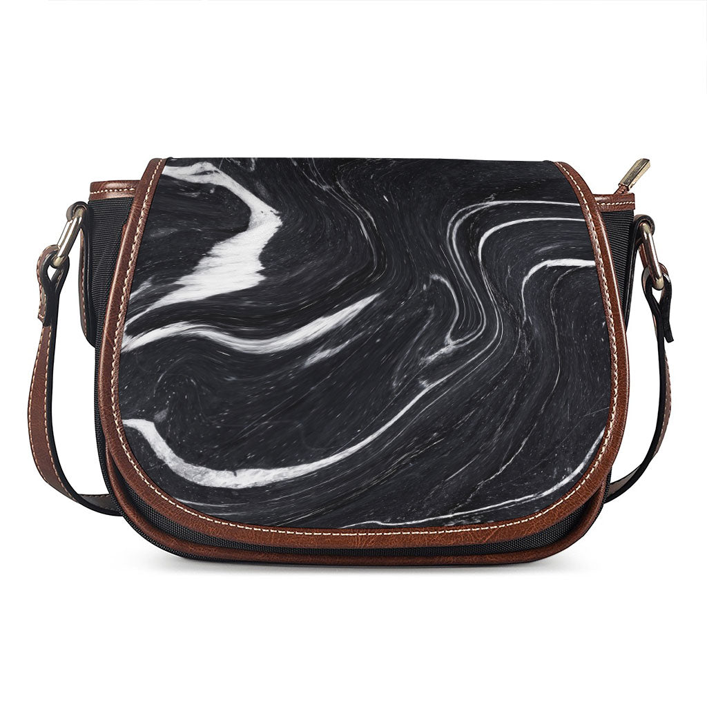 Black White Liquid Marble Print Saddle Bag