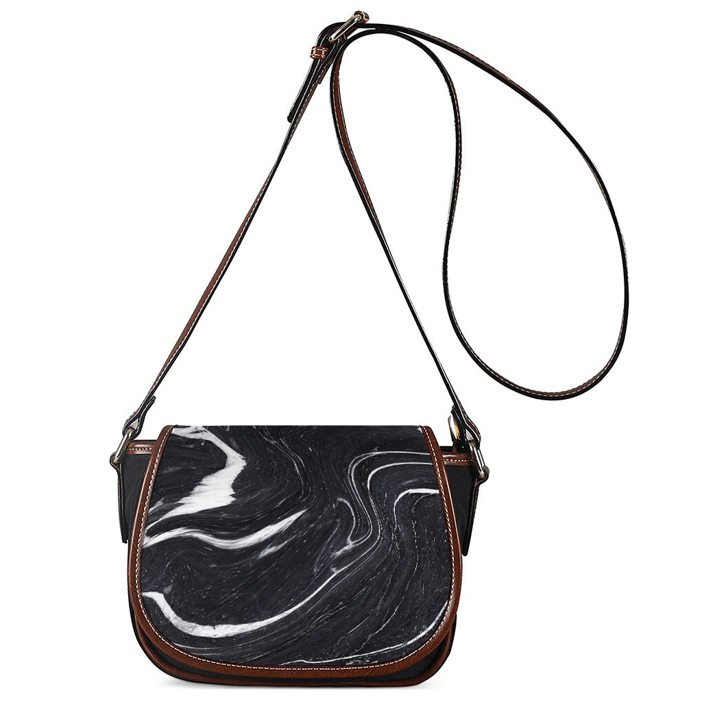 Black White Liquid Marble Print Saddle Bag