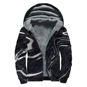 Black White Liquid Marble Print Sherpa Lined Zip Up Hoodie