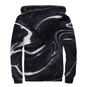 Black White Liquid Marble Print Sherpa Lined Zip Up Hoodie