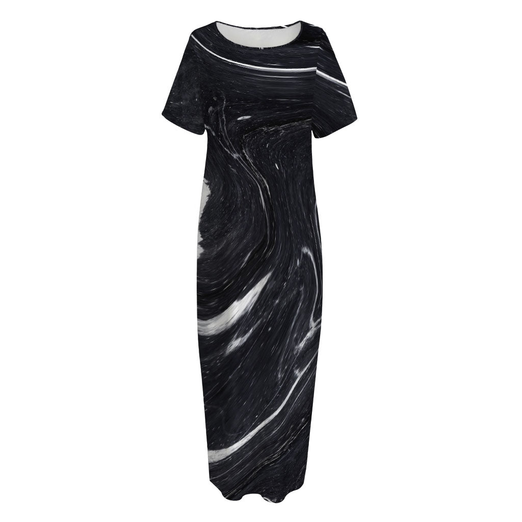 Black White Liquid Marble Print Short Sleeve Long Nightdress