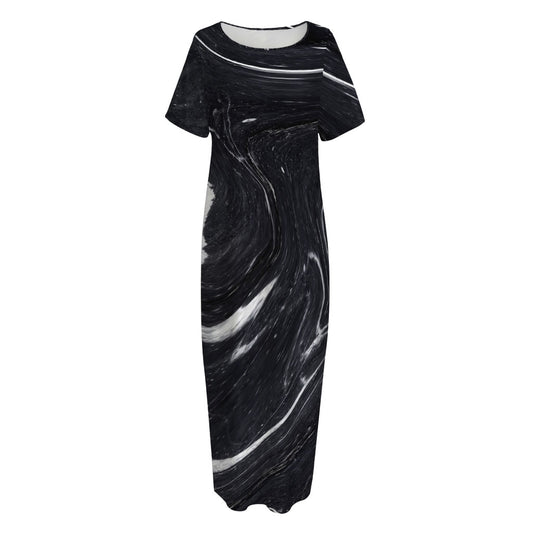 Black White Liquid Marble Print Short Sleeve Long Nightdress