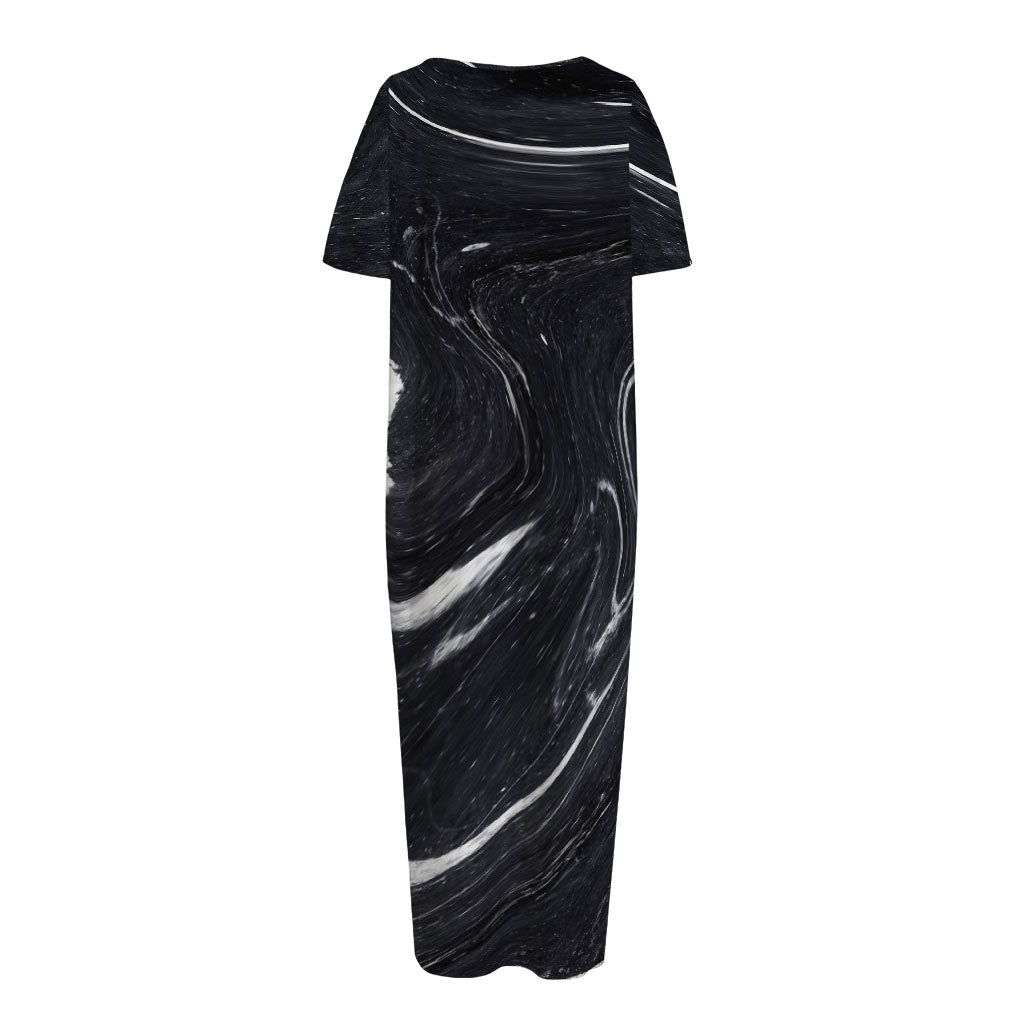 Black White Liquid Marble Print Short Sleeve Long Nightdress