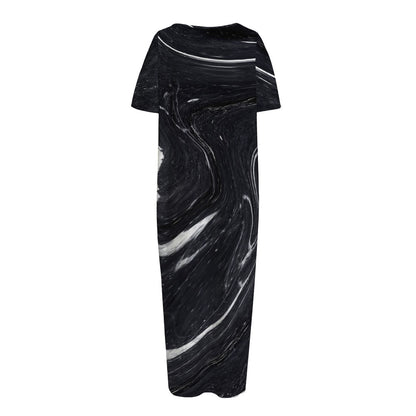 Black White Liquid Marble Print Short Sleeve Long Nightdress