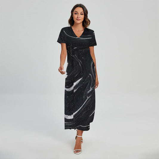 Black White Liquid Marble Print Short Sleeve Maxi Dress