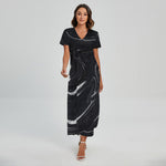 Black White Liquid Marble Print Short Sleeve Maxi Dress