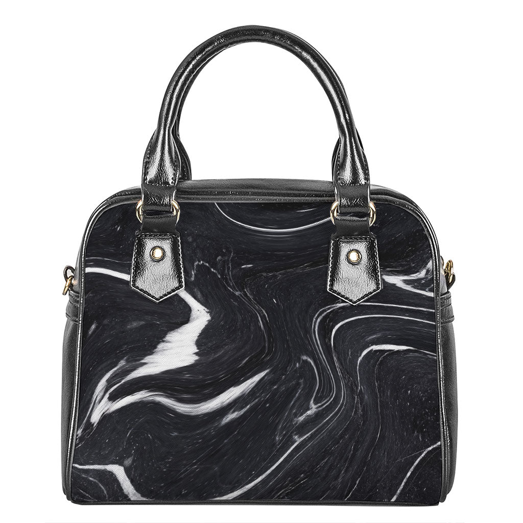 Black White Liquid Marble Print Shoulder Handbag