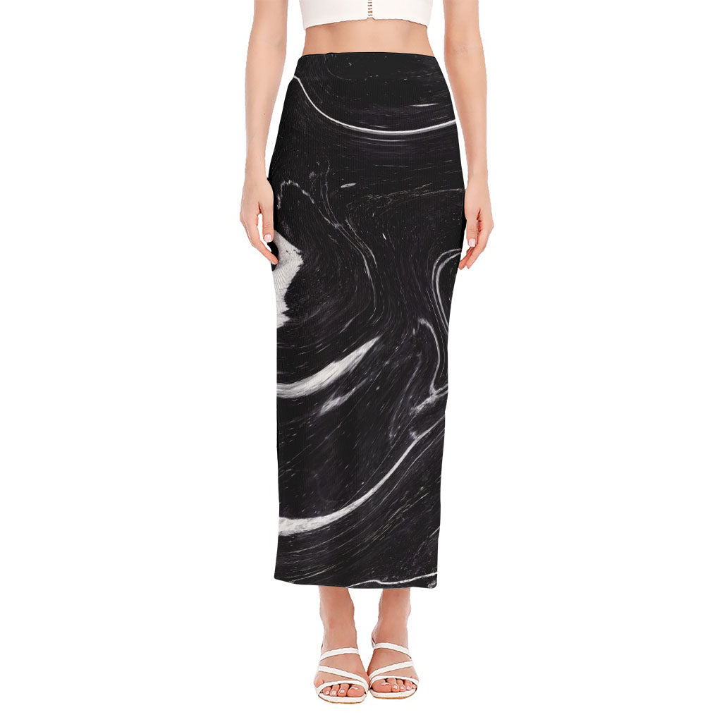 Black White Liquid Marble Print Side Slit Maxi Skirt