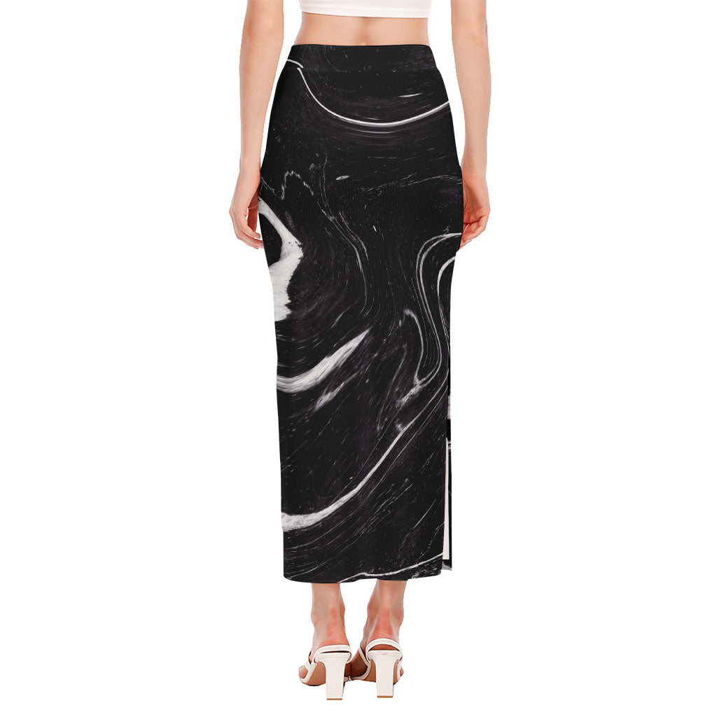 Black White Liquid Marble Print Side Slit Maxi Skirt