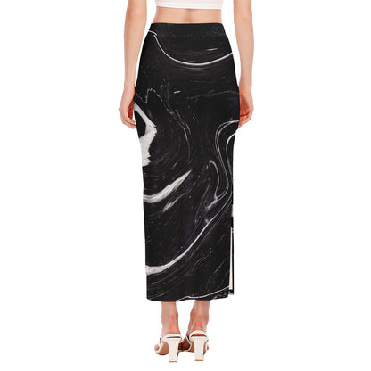 Black White Liquid Marble Print Side Slit Maxi Skirt