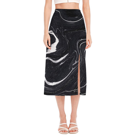 Black White Liquid Marble Print Side Slit Midi Skirt