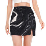 Black White Liquid Marble Print Side Slit Mini Skirt
