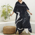 Black White Liquid Marble Print Silk V-Neck Kaftan Dress