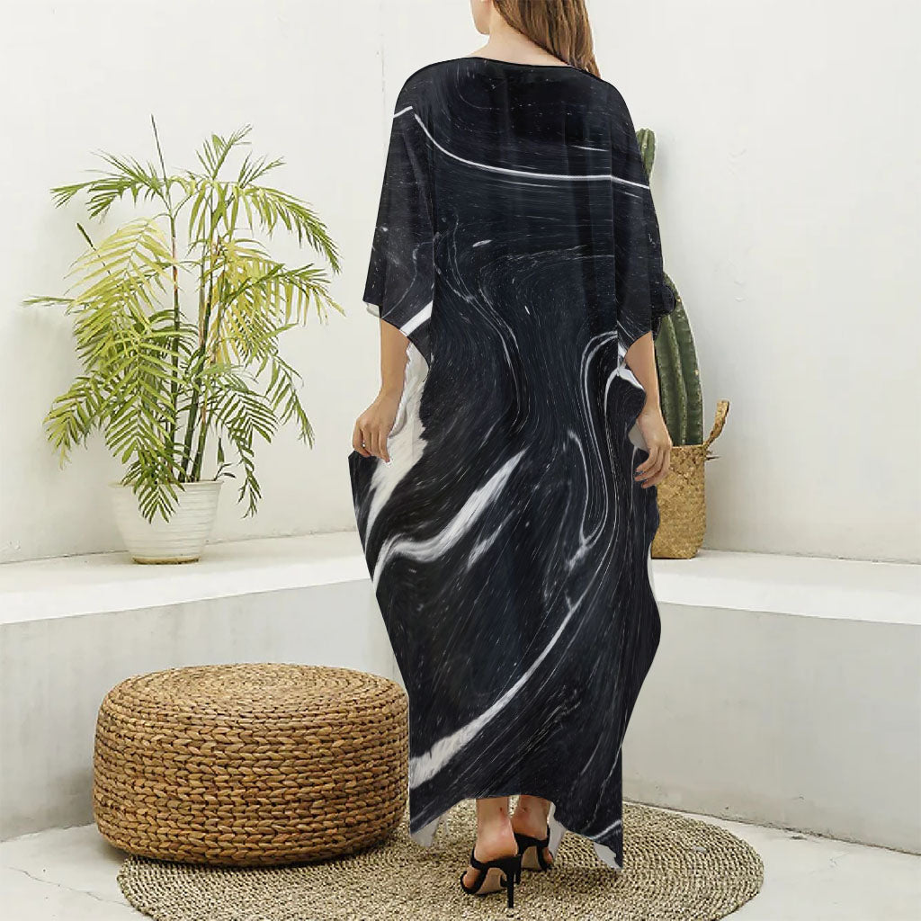 Black White Liquid Marble Print Silk V-Neck Kaftan Dress