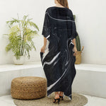 Black White Liquid Marble Print Silk V-Neck Kaftan Dress