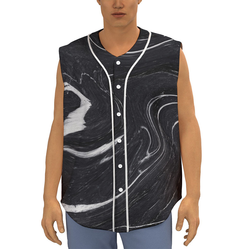 Black White Liquid Marble Print Sleeveless Baseball Jersey